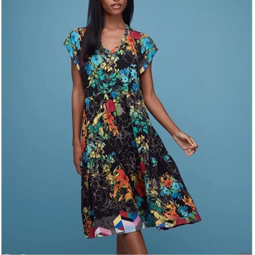 Johnny Was Floral Jersey Knit Colorful Nero Sequence Tiered Tea Length Dress
